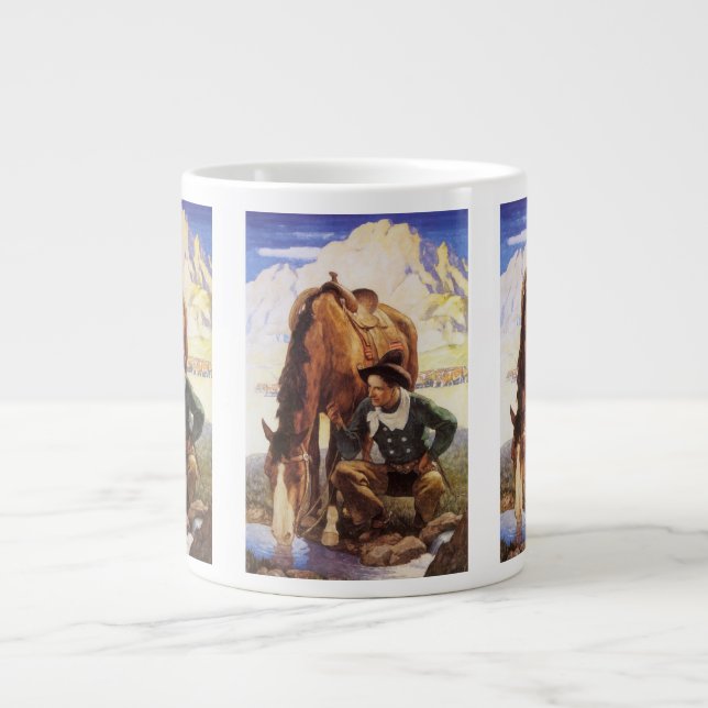 Taza De Café Gigante Vaquero regando su caballo por NC Wyeth, arte vint (Frente)