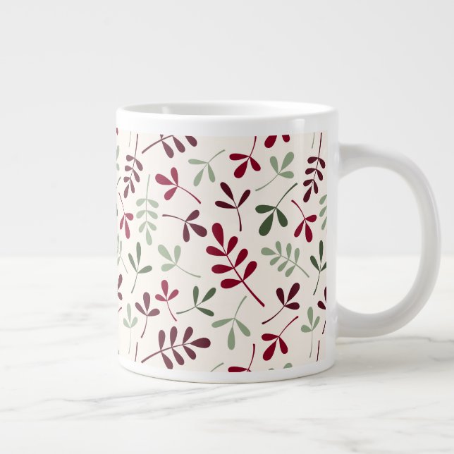 Taza De Café Gigante Variadas hojas patrones rojos y verdes en crema (Derecha)