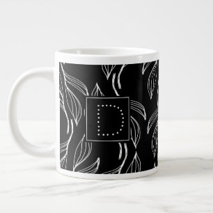 Taza De Café Gigante Verde Botánico Floral Monograma Negro y Blanco