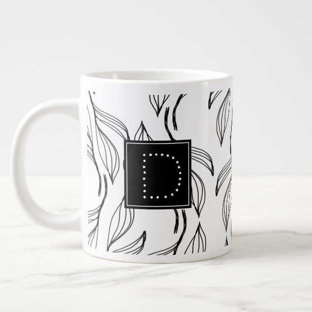 Taza De Café Gigante Verdor botánico Floral Monograma blanco y negro (Izquierda)