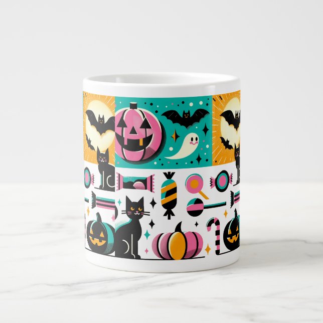 Taza De Café Gigante Vibrant Retro Halloween Collage Pink Pumpkin Black (Frente)