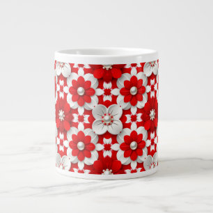 Taza De Café Gigante Vibrante patrón floral rojo y blanco con perla