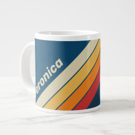 Taza De Café Gigante Vintage Azul Rayas de Arcoíris con Nombre