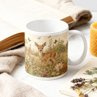 Taza De Café Gigante Vintage Woodland Botánico Ciervo Cottagecore