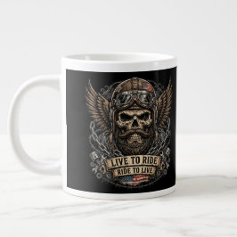 Taza De Café Gigante Vive para montar cráneo barbudo motociclista