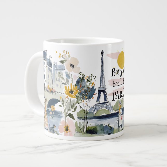 Taza De Café Gigante Watercolor Bonjour Beautiful Paris (Izquierda)