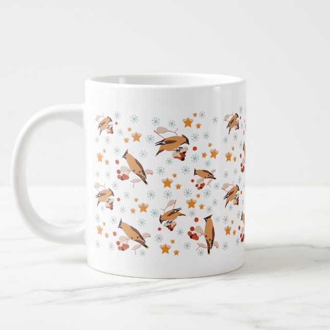Taza De Café Gigante Waxwing, pájaro, baya, estrella, copo de nieve, (Izquierda)