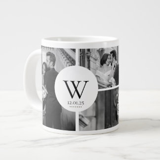 Taza De Café Gigante Wedding Photo Collage Mug with Initial & Date