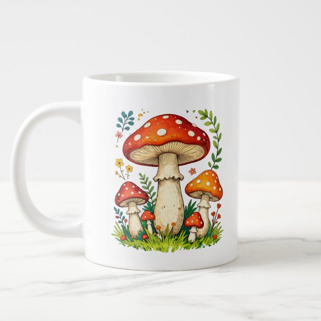 Taza De Café Gigante Wild mushrooms and flowers in grass forest nature (Izquierda)