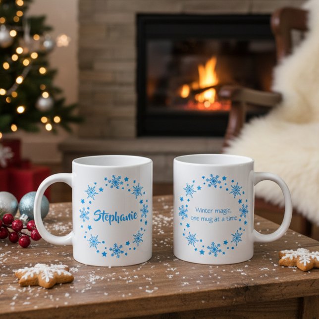 Taza De Café Gigante Winter Magic Snowflake Wreath Coffee Mug (Winter snowflake personalized coffee mug)