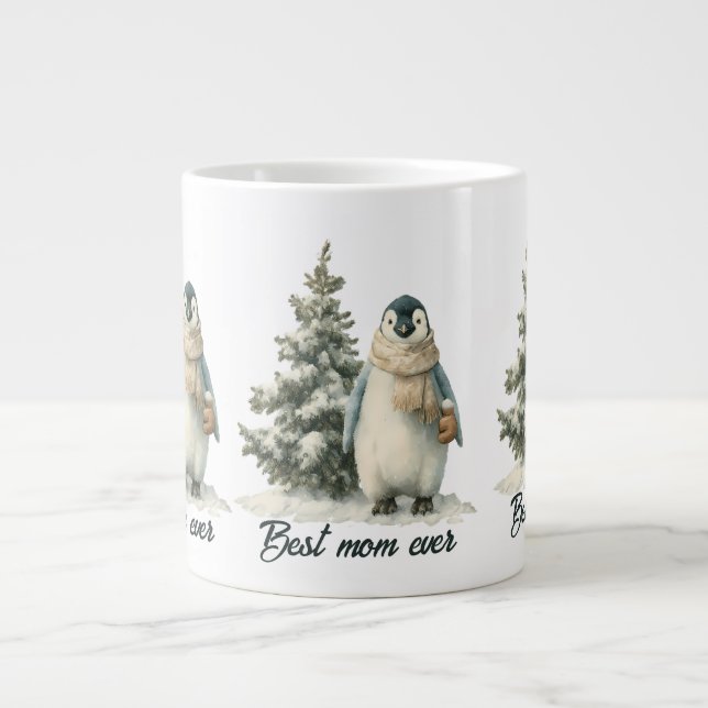 Taza De Café Gigante Winter Penguin “Best Mom Ever” Design (Frente)