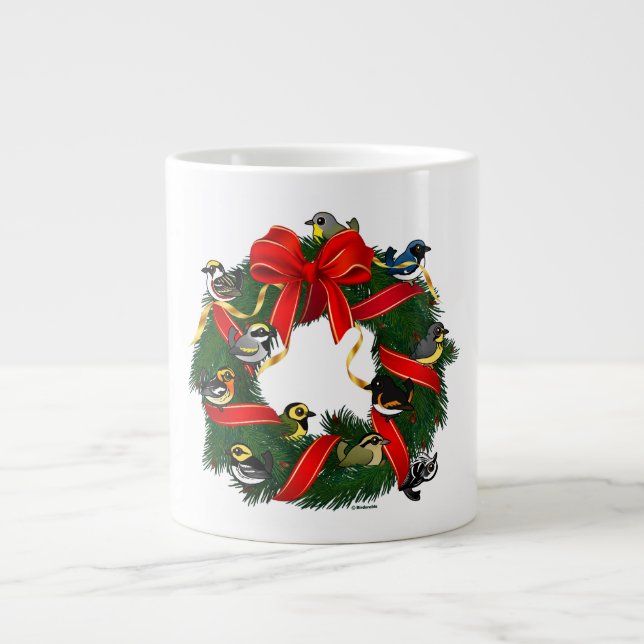 Taza De Café Gigante Wreath, Navidades de Warblers que se pueden conser (Frente)