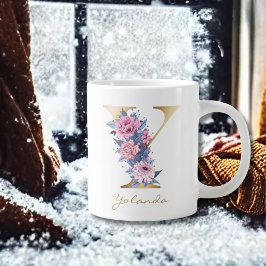 Taza De Café Gigante Y Letra Gold Monograma Floral Azul Rosa