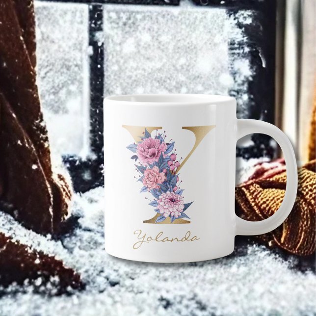 Taza De Café Gigante Y Letra Gold Monograma Floral Azul Rosa (Subido por el creador)