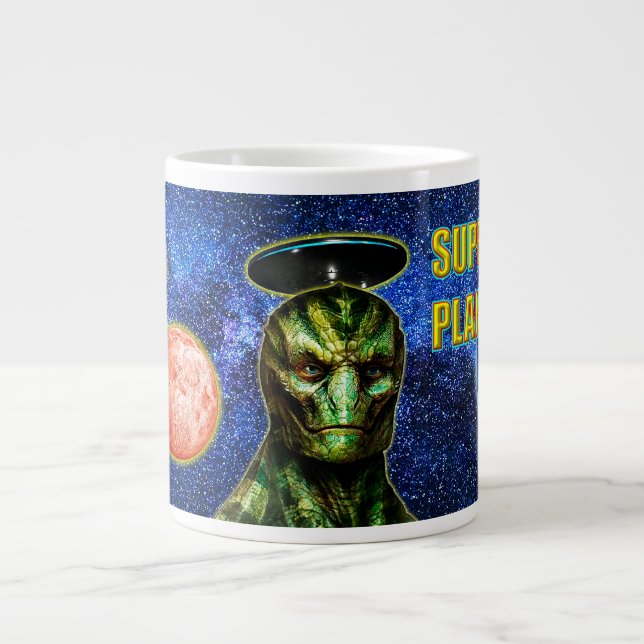 Taza De Café Gigante YA ESTÁN AQUÍ - Colección de diseño REPTILIANO (Frente)