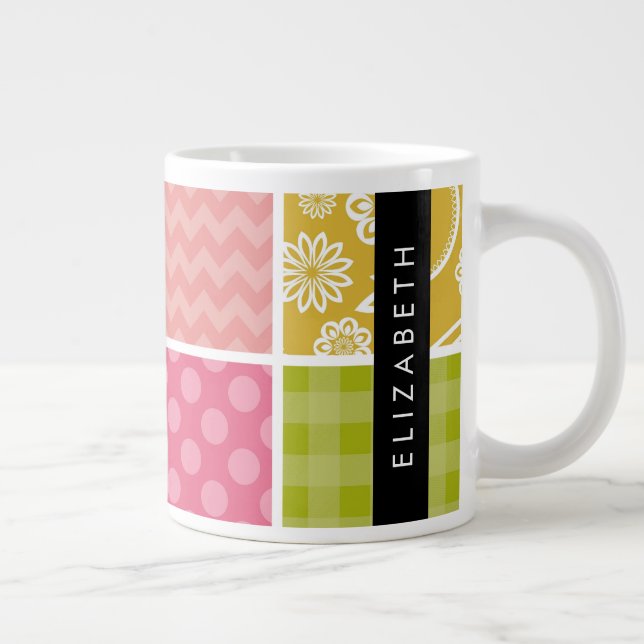 Taza De Café Gigante Zigzag, Chevron, Polka Dots, Gingham, Su Nombre (Derecha)