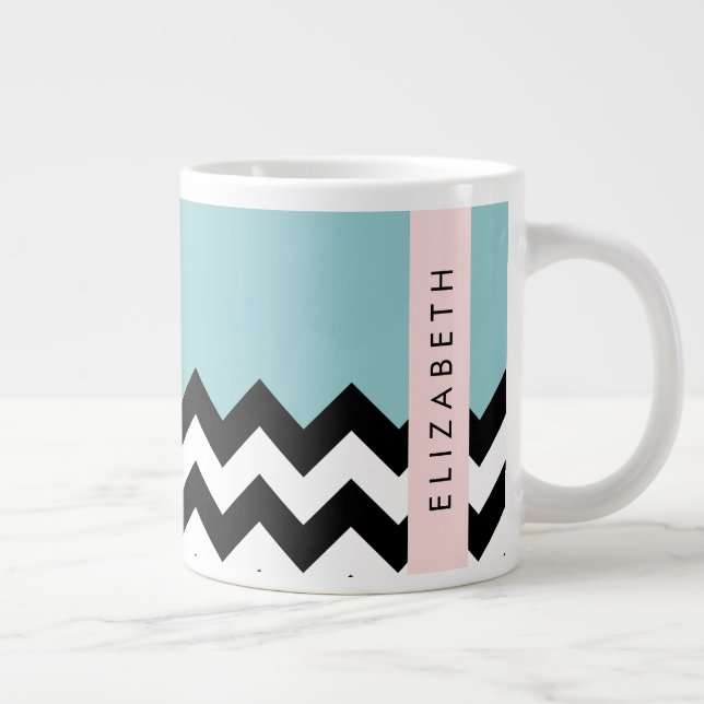Taza De Café Gigante Zigzag negro y blanco, chevron, azul, tu nombre (Derecha)
