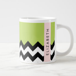 Taza De Café Gigante Zigzag negro y blanco, chevron, verde, tu nombre