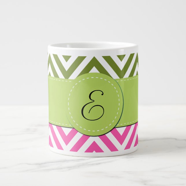 Taza De Café Gigante Zigzag rosa, zigzag verde, chevron, monograma (Frente)
