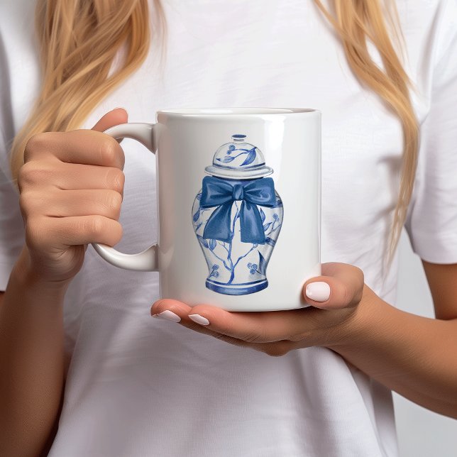 Taza De Café Ginger Jars Bows Chinoiserie Café cerámico Mug (Chinoiserie blue white ginger jar bow personalized mug)