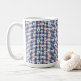 Taza De Café Gingham Azul Blanco Rosa Azul Coquette Lazos De Mo