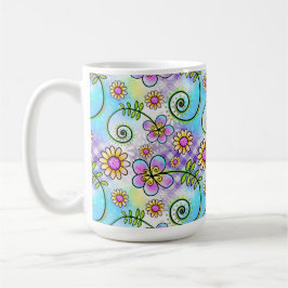 Taza De Café Gingham Morado con Flores y Enredaderas Dibujadas