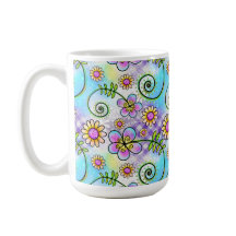 Gingham púrpura con flores y vides dibujadas a man