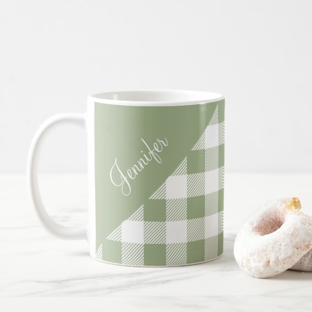 Taza De Café Gingham Verde Salvia Personalizado (Con donut)