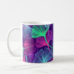 Taza De Café Gingko tropical floral deja el fondo en neón c