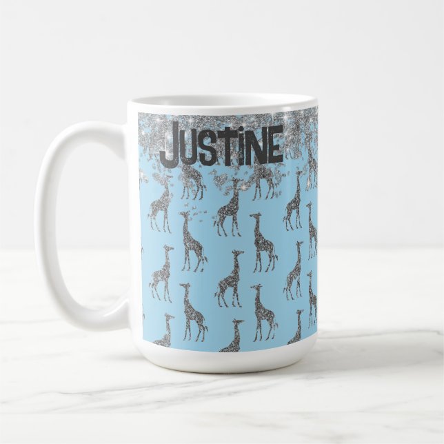 Taza De Café Girafa de plata Purpurinoso sobre azul personaliza (Izquierda)