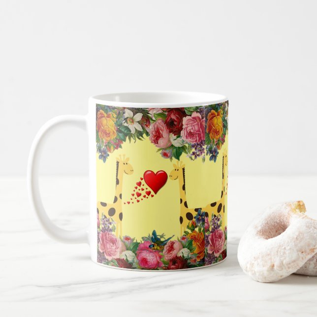 Taza De Café Giraffe Floral Amarillo Mug (Con donut)