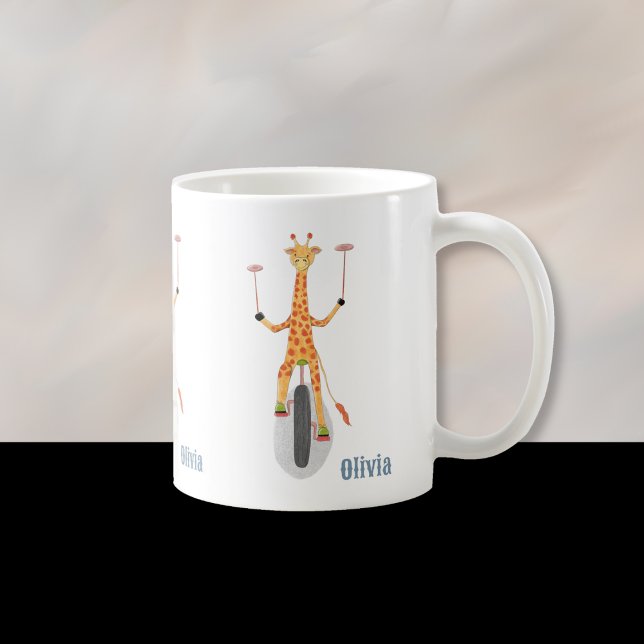 Taza De Café Giraffe on a Unicycle Kid Mug with Name (Fun cartoon giraffe on a unicycle kid personalized mug . )