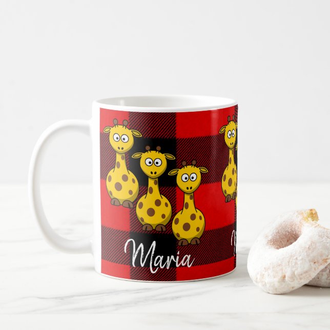 Taza De Café Giraffe Red Black Plaid Mug (Con donut)
