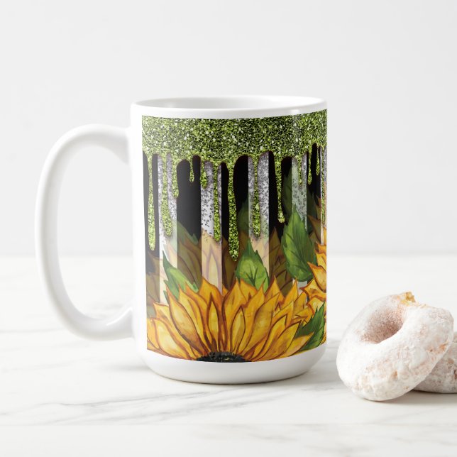 Taza De Café Girasol con Purpurina verde (Con donut)
