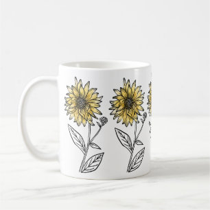 Taza De Café Girasol de línea estética de acuarela botánica