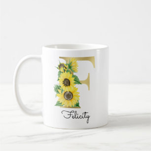Taza De Café Girasol Floral Inicial F Dorada Monogramada