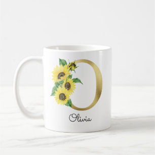 Taza De Café Girasol Floral Inicial O Dorado Monogramado