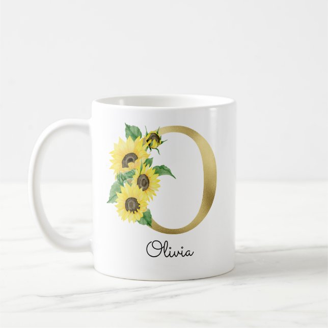 Taza De Café Girasol Floral Inicial O Dorado Monogramado (Izquierda)