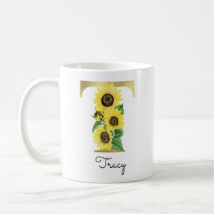 Taza De Café Girasol Floral Inicial T Dorado Monogramado