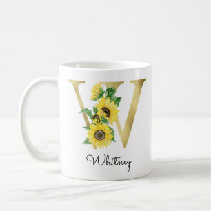 Taza De Café Girasol Floral Inicial W Dorado Monogramado