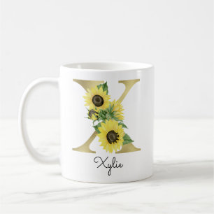 Taza De Café Girasol Floral Inicial X Dorado Monogramado