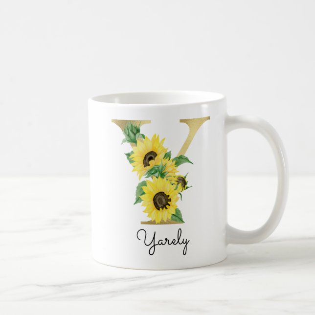 Taza De Café Girasol Floral Inicial Y Dorada Monogramada (Derecha)
