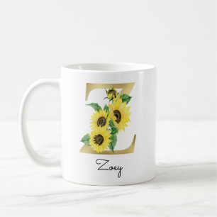 Taza De Café Girasol Floral Inicial Z Dorada Monogramada