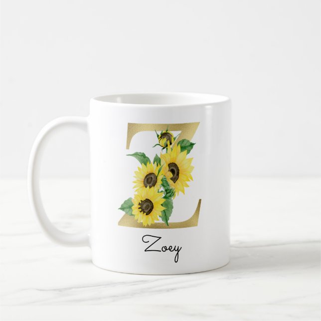 Taza De Café Girasol Floral Inicial Z Dorado Monogramado (Izquierda)