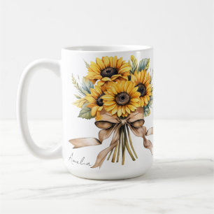 Taza De Café Girasol Verano Amarillo Acuarela Nombre Personaliz