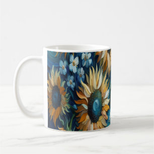 Taza De Café Girasoles radiantes con entorno azul tranquilo