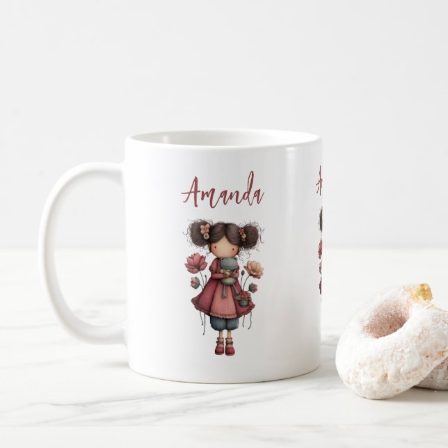 Taza De Café Girl with A Frog Doll Cute Whimsical (Con donut)