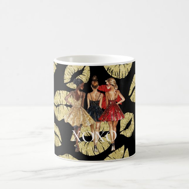 Taza De Café Girls in Glam Gold Black Red Dresses Lips Kiss (Centro)