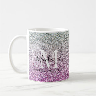 Taza De Café Girly Aqua Blue Pink Ombre Purpurina Monograma Nom
