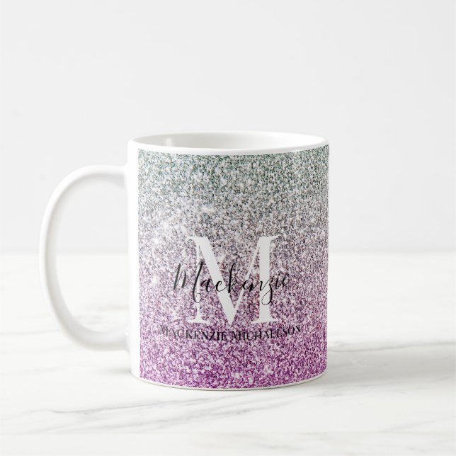 Taza De Café Girly Aqua Blue Pink Ombre Purpurina Monograma Nom (Izquierda)